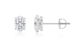 Lab-Grown Oval Diamond Solitaire Stud Earrings displayed from the front and side perspective, showcasing brilliance in a classic design.
