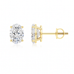 Lab-Grown Oval Diamond Solitaire Stud Earrings displayed in elegant yellow gold settings.
