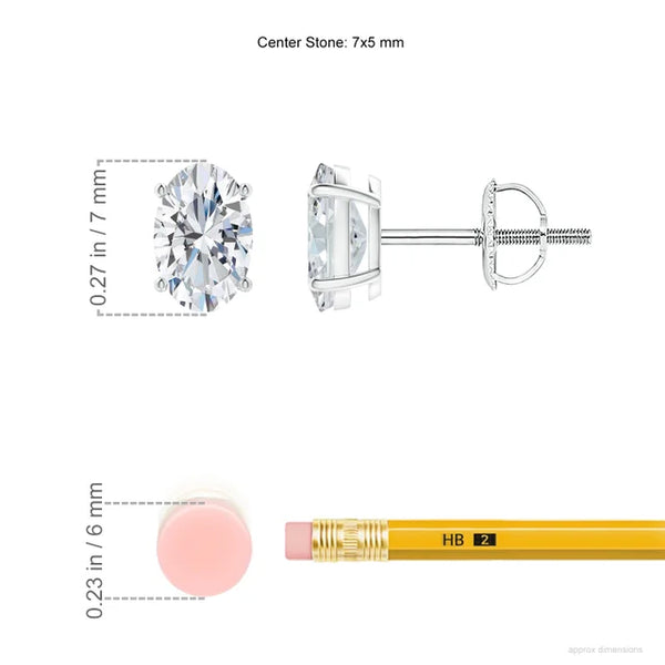 Lab-Grown Oval Diamond Solitaire Stud Earrings with size measurements next to a pencil and eraser.