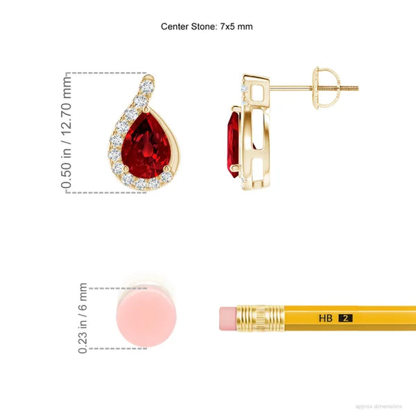 Lab-Grown Pear Ruby Earrings with Diamond Swirl Frame displayed with measurements and comparison to pencil eraser.