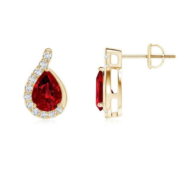 Lab-Grown Pear Ruby Earrings with Diamond Swirl Frame showcasing pear-shaped rubies and diamond detailing.