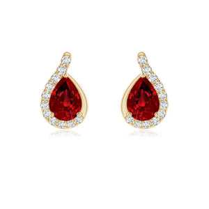 Lab-Grown Pear Ruby Earrings with Diamond Swirl Frame showcasing pear-shaped rubies and diamond detailing.