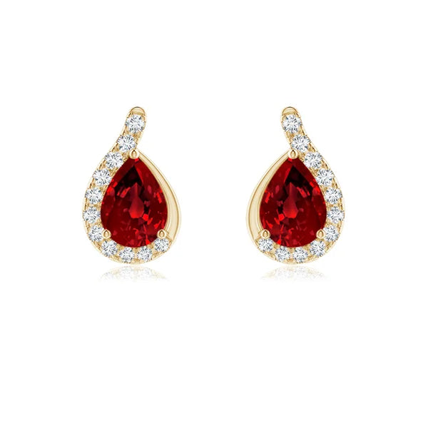 Lab-Grown Pear Ruby Earrings with Diamond Swirl Frame showcasing pear-shaped rubies and diamond detailing.