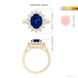 Lab-Grown Princess Diana Inspired Blue Sapphire Ring with Diamond Halo with measurements and details.