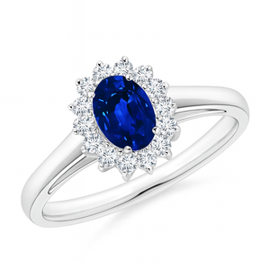 Lab-Grown Princess Diana Inspired Blue Sapphire Ring with Diamond Halo