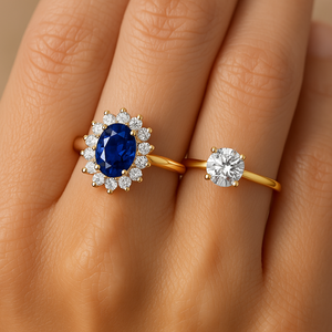 Lab-Grown Princess Diana Inspired Blue Sapphire Ring with Diamond Halo on a hand with a round diamond ring.
