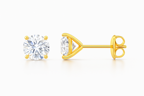 Lab-grown diamond stud earrings in yellow gold martini setting, showcasing brilliant round diamonds.