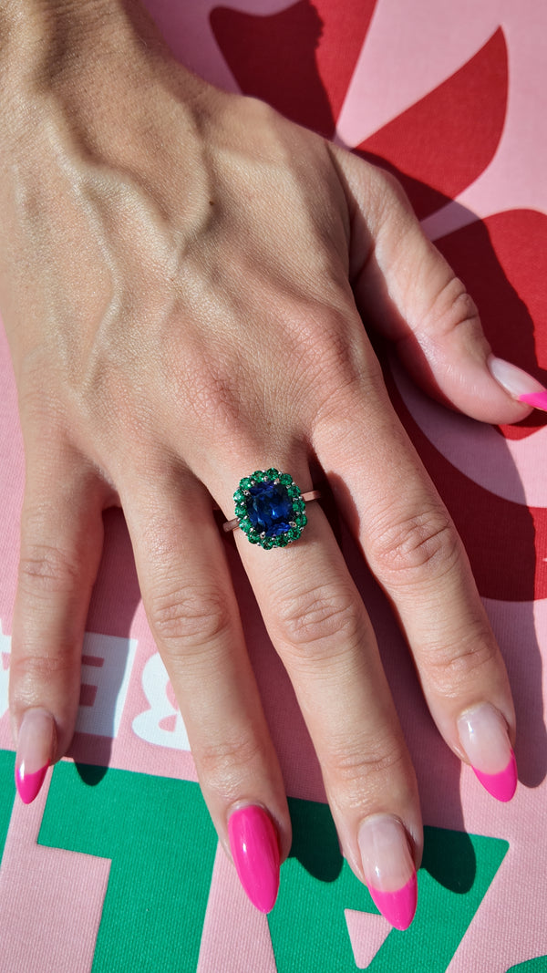 Modern Diana Style Sapphire and Emerald Ring