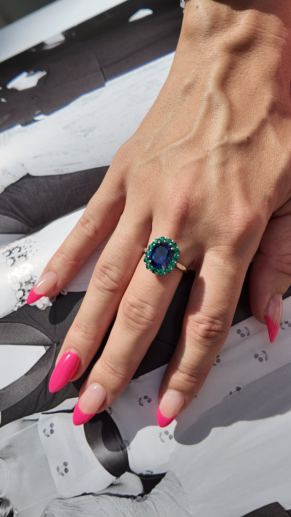 Modern Diana Style Sapphire and Emerald Ring