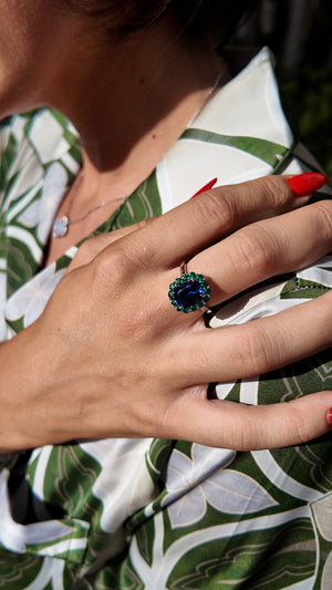 Modern Diana Style Sapphire and Emerald Ring
