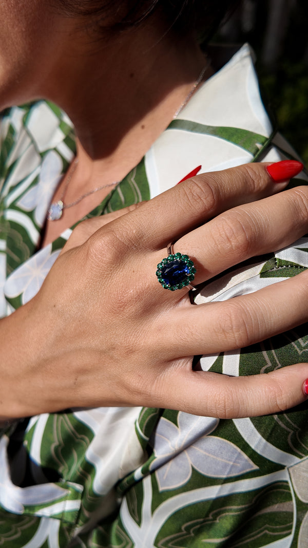 Modern Diana Style Sapphire and Emerald Ring
