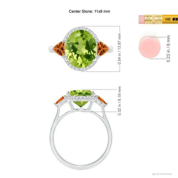 Oval peridot and trillion citrine diamond cocktail ring in 18k white gold with diamond halo by Irdoja Diamonds.