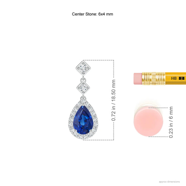 Pear blue sapphire drop earrings with diamond halo in 18K gold by Irdoja Diamonds.