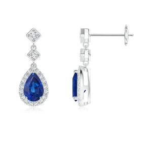 Pear blue sapphire drop earrings with diamond halo, set in 18K and 14K gold by Irdoja Diamonds.