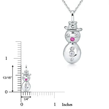 Pink sapphire and diamond snowman pendant in 18K white gold by Irdoja Diamonds, holiday charm necklace.