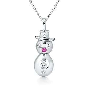 Pink Sapphire Diamond Snowman Pendant 14K 18K Gold Winter Charm featuring pink sapphire nose and diamond details.