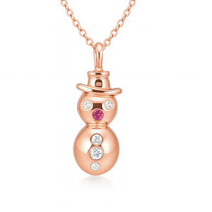Pink Sapphire Diamond Snowman Pendant 14K 18K Gold Winter Charm with rose gold and gemstones, showcasing a playful winter design.