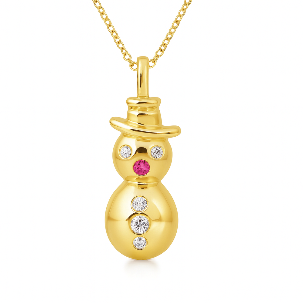 Pink Sapphire Diamond Snowman Pendant 14K 18K Gold Winter Charm featuring pink sapphire nose and diamond details.