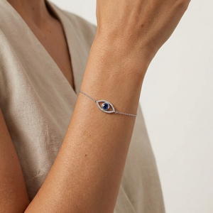 Bezel-Set Blue Sapphire & Diamond Evil Eye Bracelet 18K Gold — 14k gold bracelet (view 3) | Irdoja Diamonds