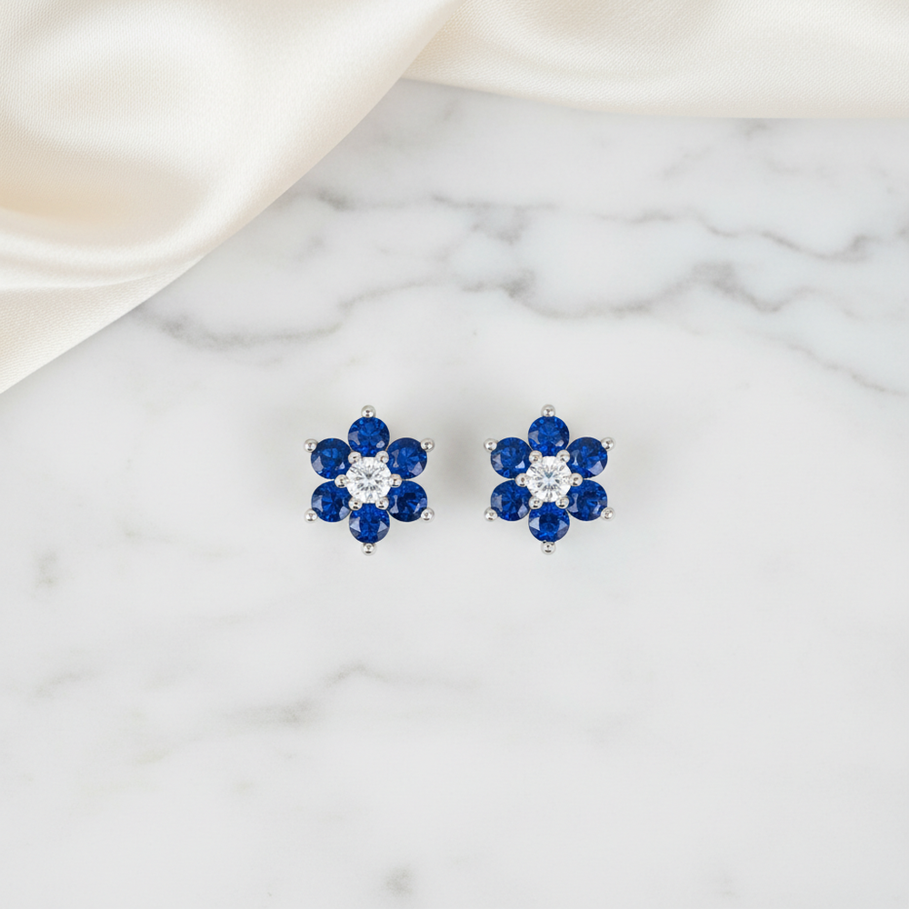 Lab-Grown Blue Sapphire Diamond Flower Stud Earrings 13mm — platinum sapphire earrings | Irdoja Diamonds