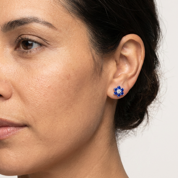 Lab-Grown Blue Sapphire Diamond Flower Stud Earrings 13mm