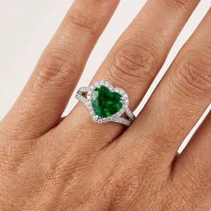 Heart-Shaped Lab Emerald Engagement Ring with Diamond Halo