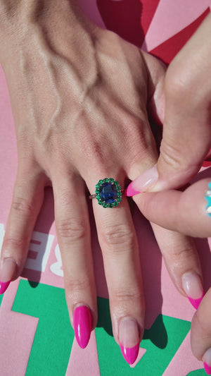 Modern Diana Style Sapphire and Emerald Ring