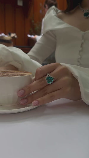 Heart-Shaped Lab Emerald Engagement Ring with Diamond Halo