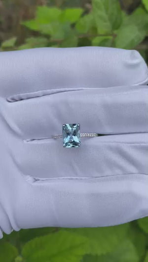 Emerald-Cut Aquamarine Ring with Diamond Band