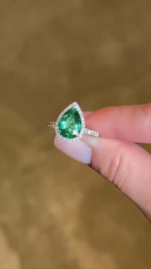 2 Carat Center Pear-Cut Emerald & Diamond Halo Ring