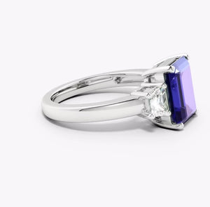 Lab Sapphire Emerald-Cut Ring Trapezoid Diamonds 5.98ct 14K 18K Gold