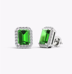 Lab-Grown Emerald-Cut Emerald Stud Earrings with Lab Diamond Halo featuring vibrant green stones and diamond halo.