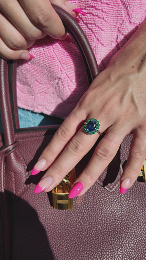 Modern Diana Style Sapphire and Emerald Ring