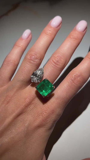 5+5 Carat Pear Diamond & Emerald Two-Stone Ring