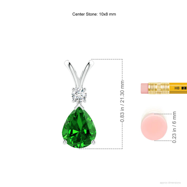 Prong-Set Lab-Grown Emerald Teardrop V-Bale Pendant with Diamond, 10x8 mm center stone, elegant design against a pencil for scale.