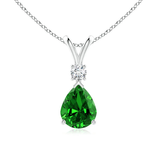 Prong-Set Lab-Grown Emerald Teardrop V-Bale Pendant with Diamond showcased in a beautiful design, featuring a vibrant emerald and diamond accent.