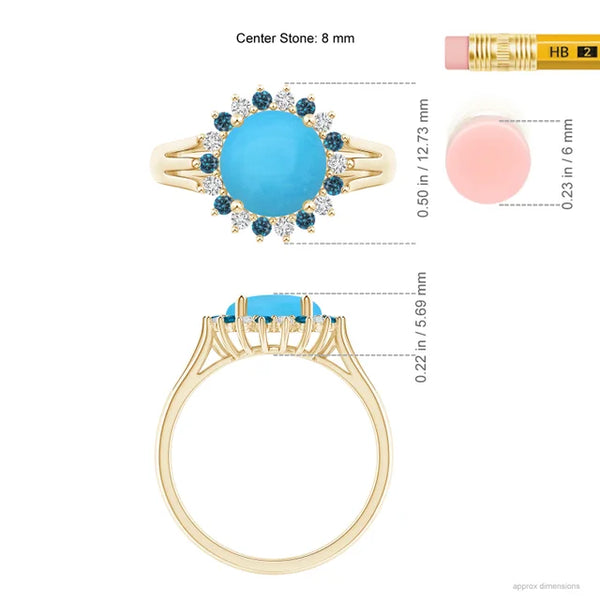 Round turquoise ring with triple split shank in 18k yellow gold, featuring an alternating diamond halo.