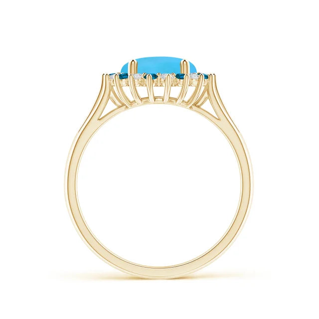 Round turquoise ring with 18k yellow gold triple split shank and alternating diamond halo by Irdoja Diamonds.
