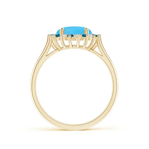 Round turquoise ring with triple split shank in 18k yellow gold and alternating diamond halo by Irdoja Diamonds.