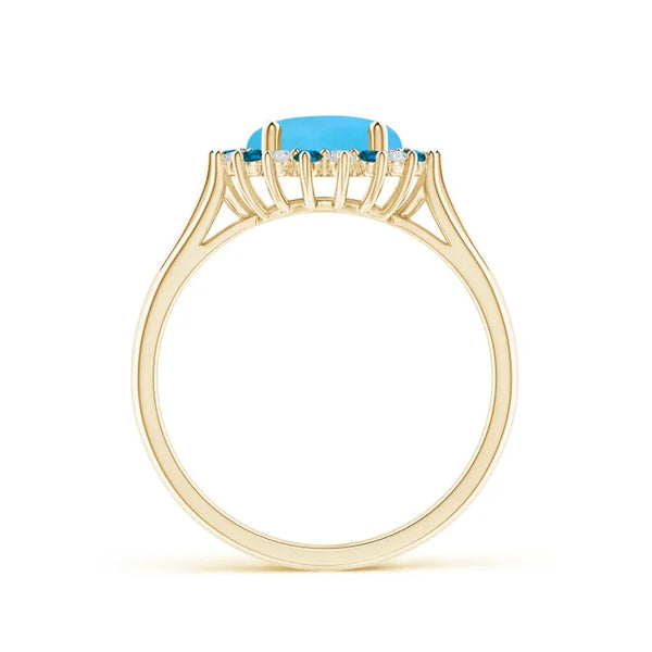 Round turquoise ring with triple split shank in 18k yellow gold and alternating diamond halo by Irdoja Diamonds.