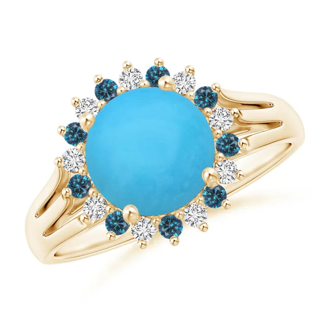 Round turquoise ring with 18k yellow gold triple split shank and alternating diamond halo by Irdoja Diamonds.