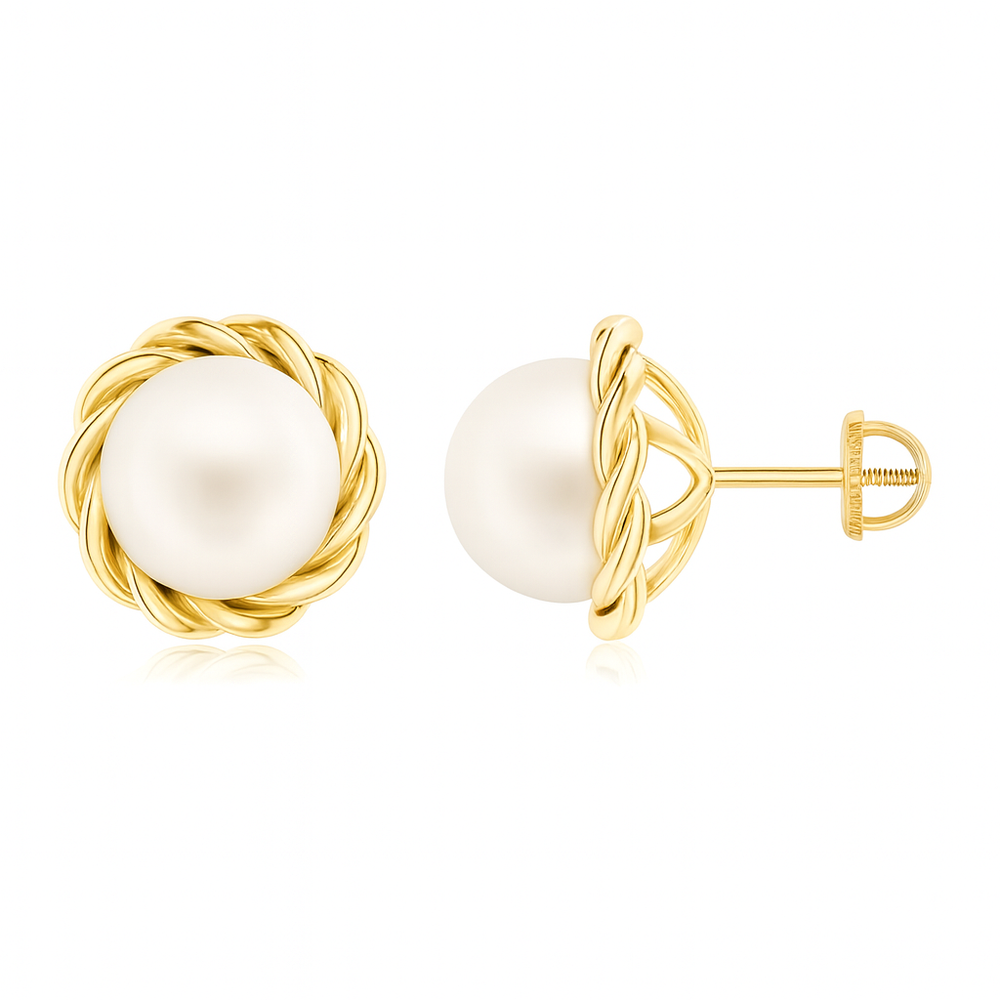 Solitaire Freshwater Pearl Twist Rope Stud Earrings with 8mm pearl in 18K yellow gold twist rope bezel.
