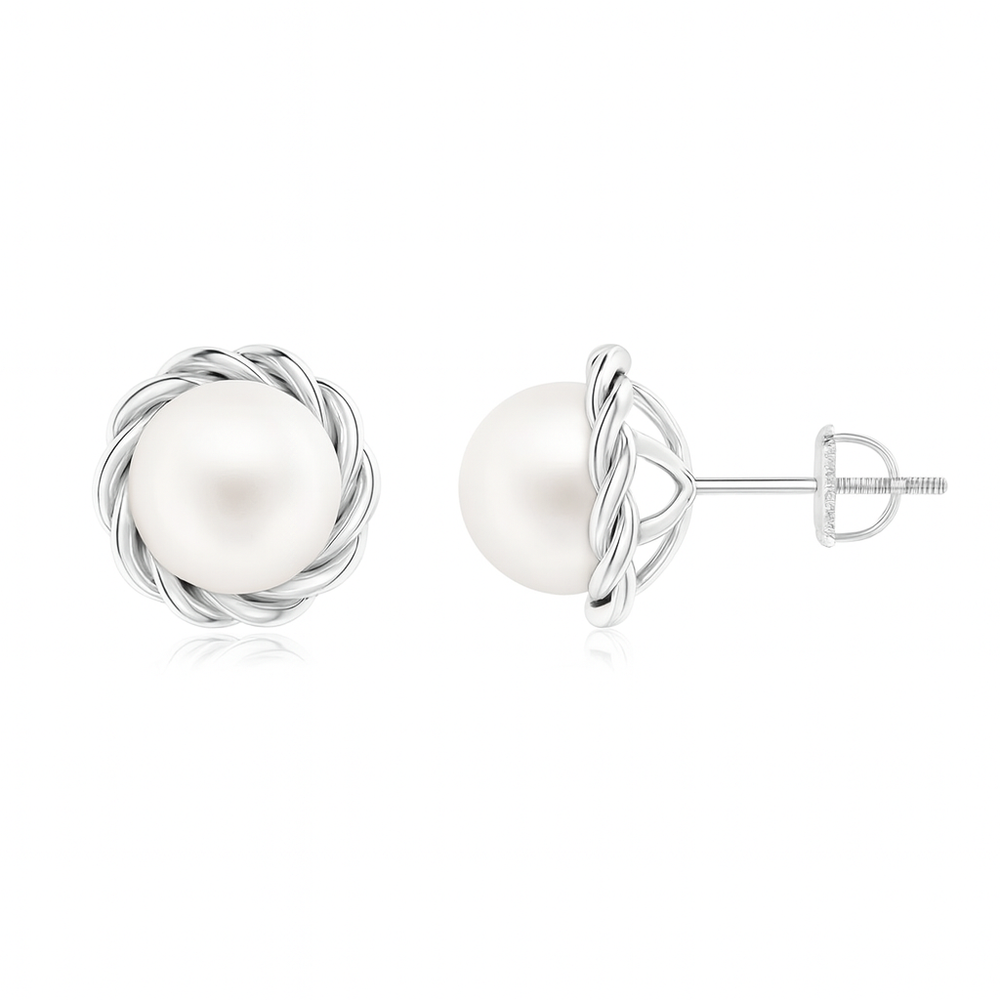 Solitaire Freshwater Pearl Twist Rope Stud Earrings with 8mm pearl in 18K yellow gold twist rope bezel.