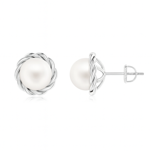 Solitaire Freshwater Pearl Twist Rope Stud Earrings with lustrous pearl in a twist rope bezel setting.