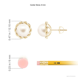 Solitaire Freshwater Pearl Twist Rope Stud Earrings with 8mm pearl and detailed rope bezel in yellow gold.