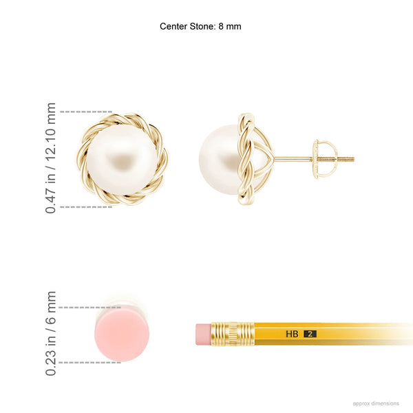 Solitaire Freshwater Pearl Twist Rope Stud Earrings with 8mm pearl and detailed rope bezel in yellow gold.