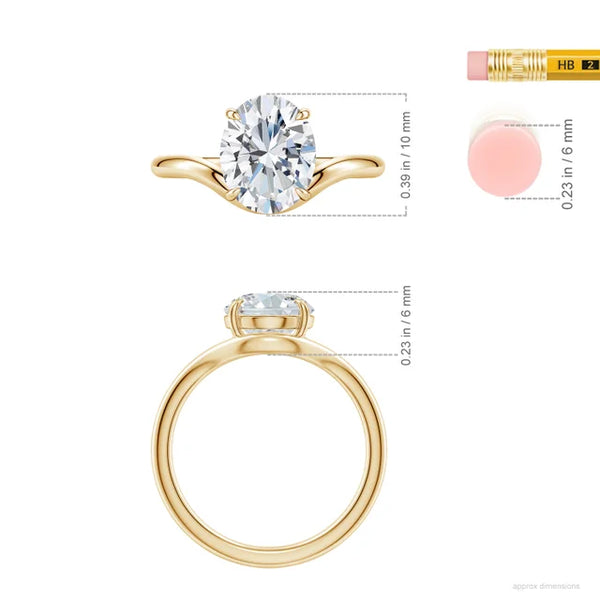 Solitaire oval lab-grown diamond engagement ring with curved shank in 18K yellow gold by Irdoja Diamonds.