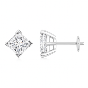 V-Prong Set Princess-Cut Lab-Grown Diamond Stud Earrings displayed in close-up view.