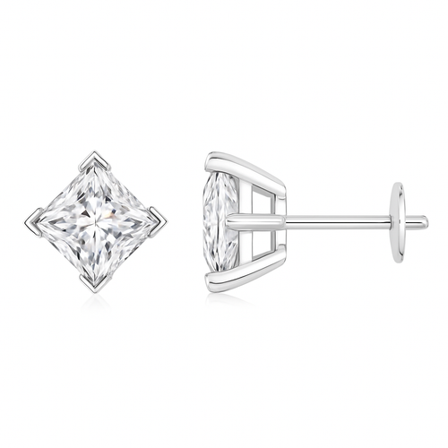 V-Prong Set Princess-Cut Lab-Grown Diamond Stud Earrings displayed in close-up view.