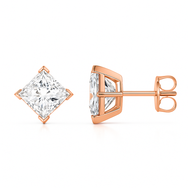 V-Prong Set Princess-Cut Lab-Grown Diamond Stud Earrings in rose gold setting.